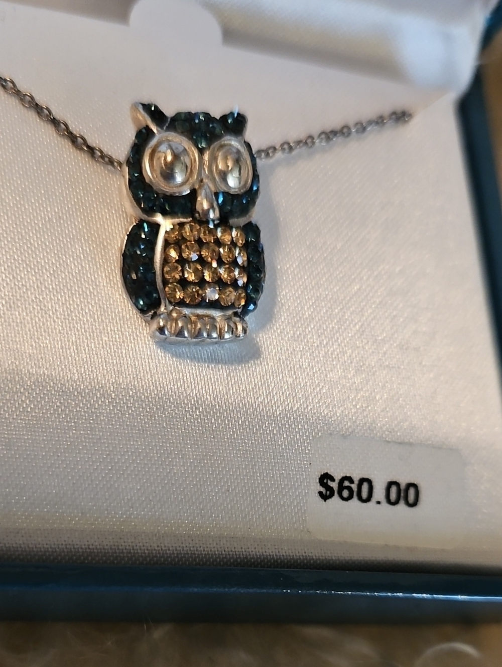 Owl Pendant Necklace with Blue and Gold Crystals - Women's Jewelry NWT